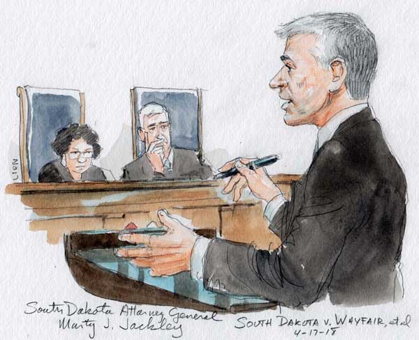 Sketch of South Dakota Attorney General Marty Jackley in front of the U.S. Supreme Court in South Dakota v. Wayfair case on April 17, 2018. (Sketch by Al Lien)